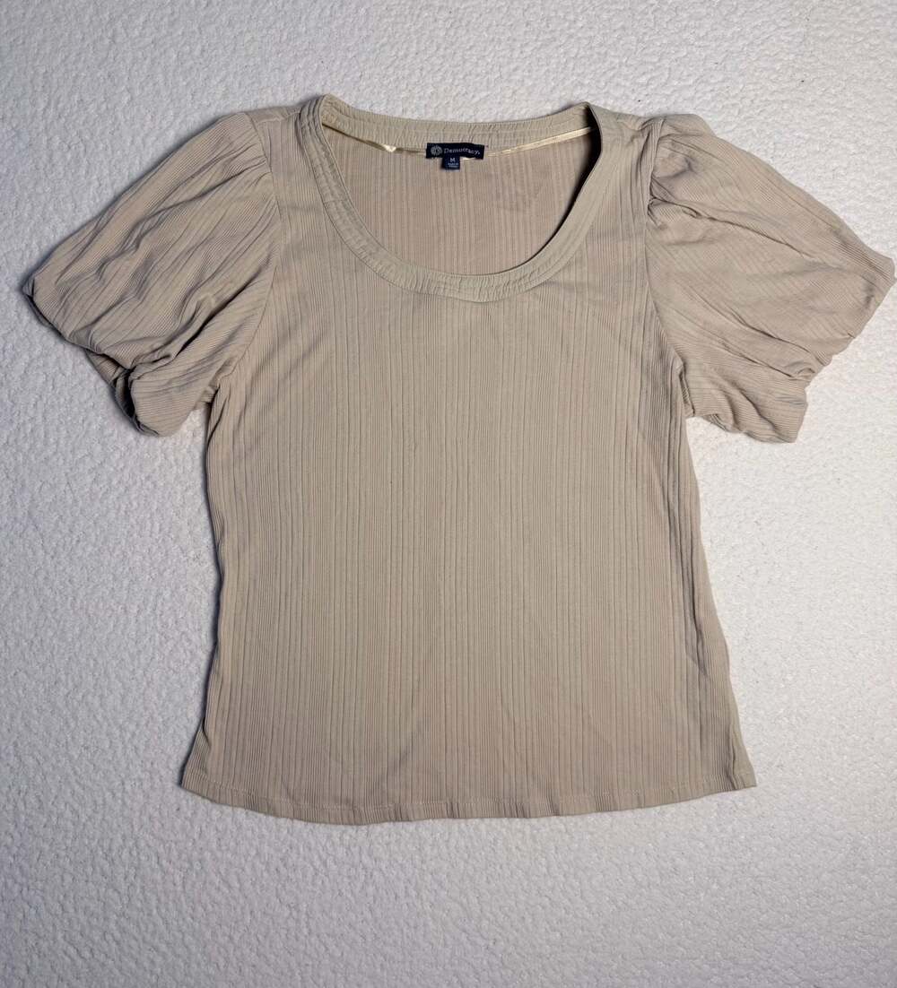 Democracy Ribbed Puff Sleeve Scoop Neck Top Size M